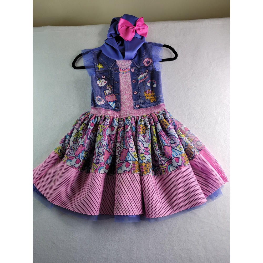 Nickelodeon JoJo Siwa Girls Purple Hooded Dress Denim Print Bow Size M 7/8